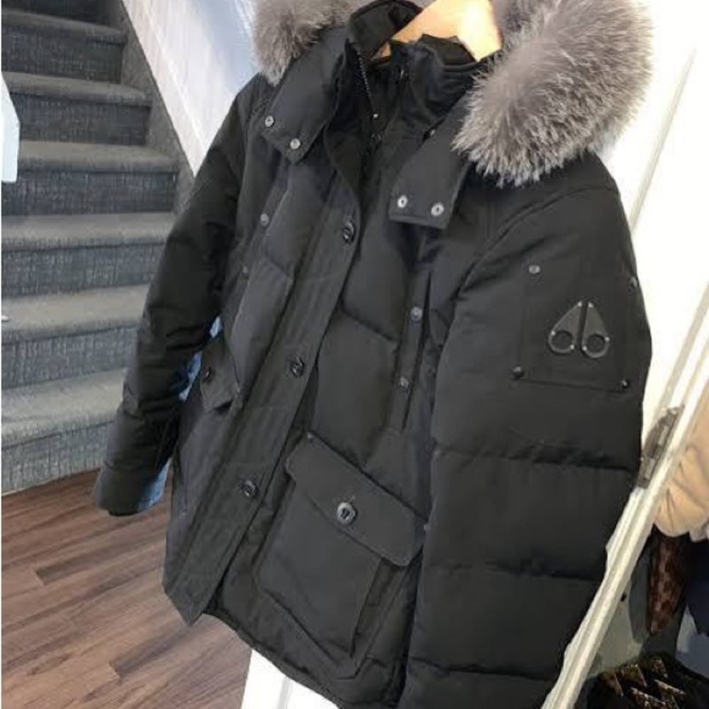 Moose Knuckles Black Puffer Jacket with Gray Fur Trim